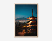 Chureito Pagoda Fuji Night Glow Wall Art Print | Japan Fujiyoshida City Lights Photography | Illuminated Pagoda Blue Hour Poster
