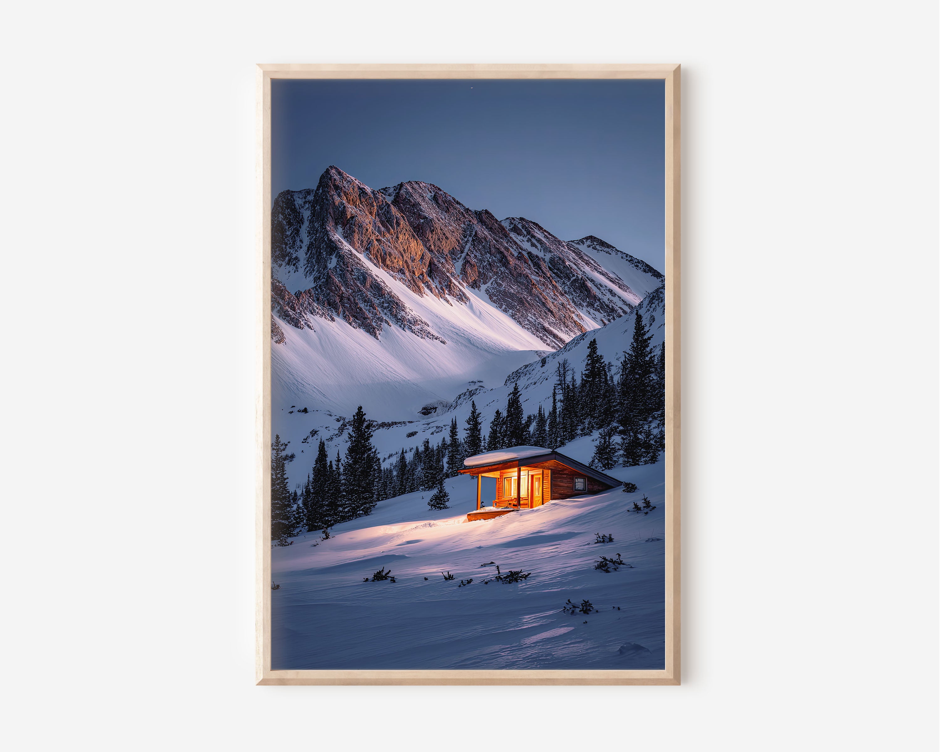 Mountain Cabin Winter Print | Cozy Snow Lodge Wall Art | Rocky Mountains Twilight Photography