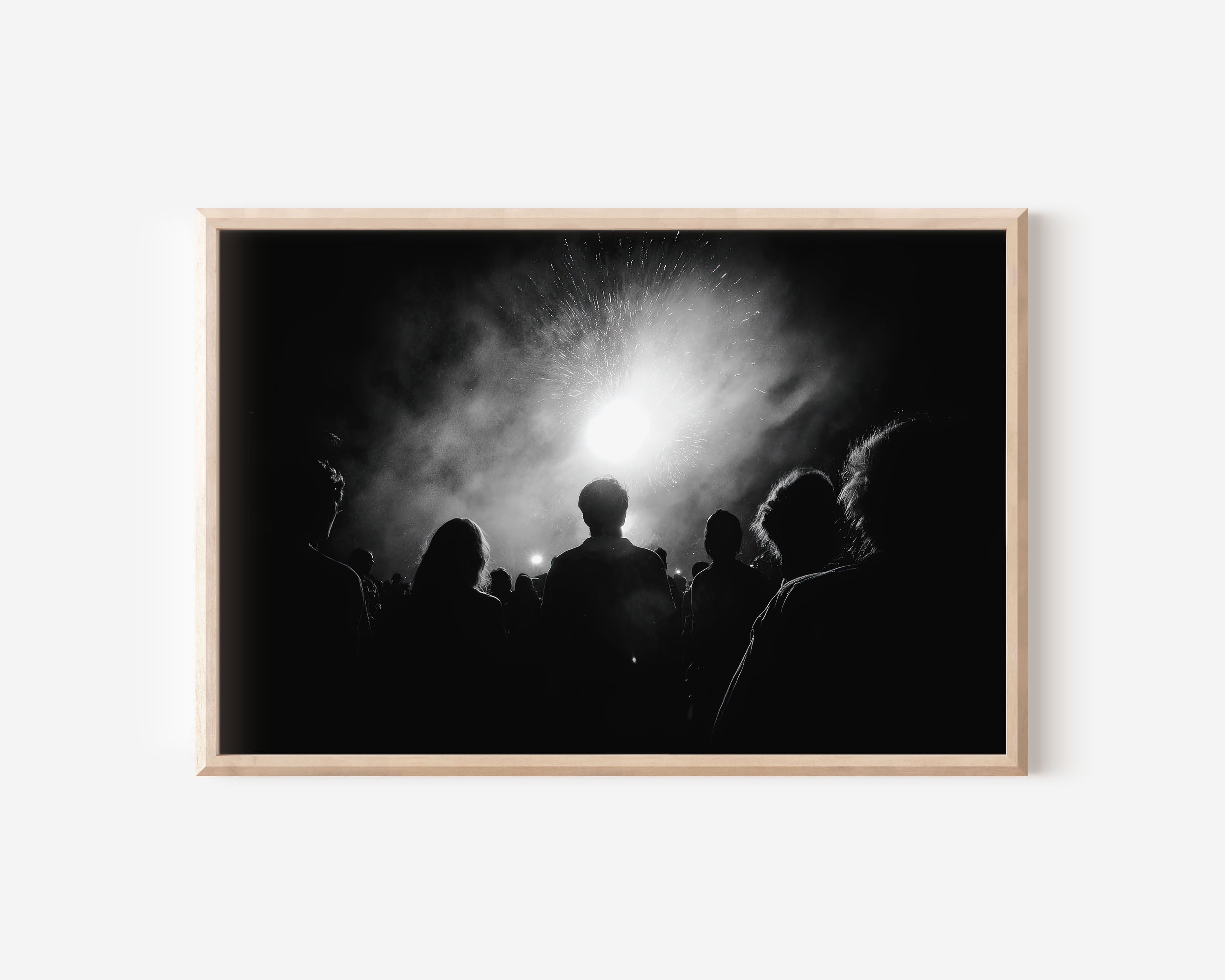 Crowd Watching Fireworks Night Print | Black and White Celebration Wall Art | Festival Photography