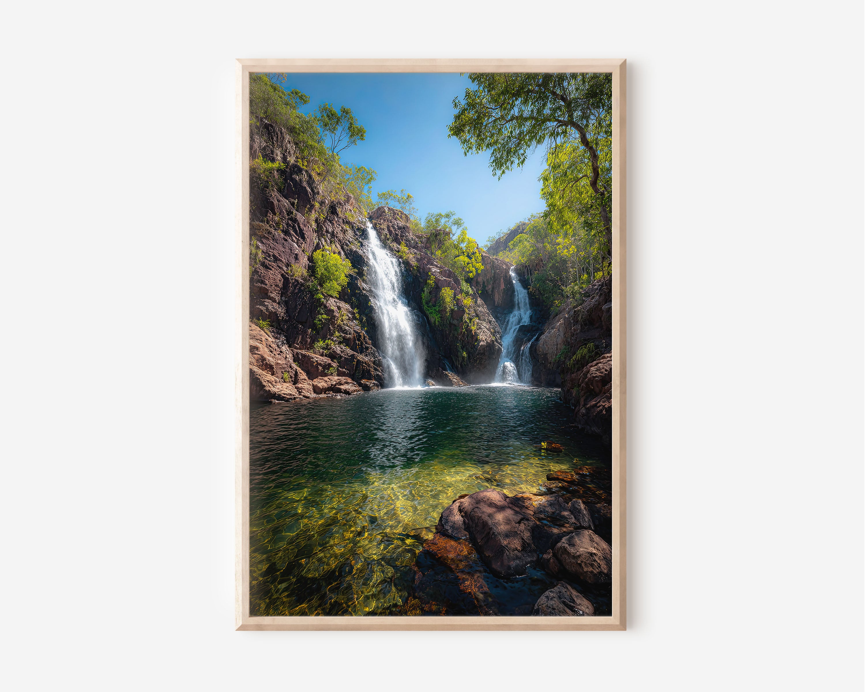 Crystal Waters Retreat Twin Waterfalls Rock Pool Wall Art Print | Australian Wilderness Photography Poster | Nature Waterfall Decor