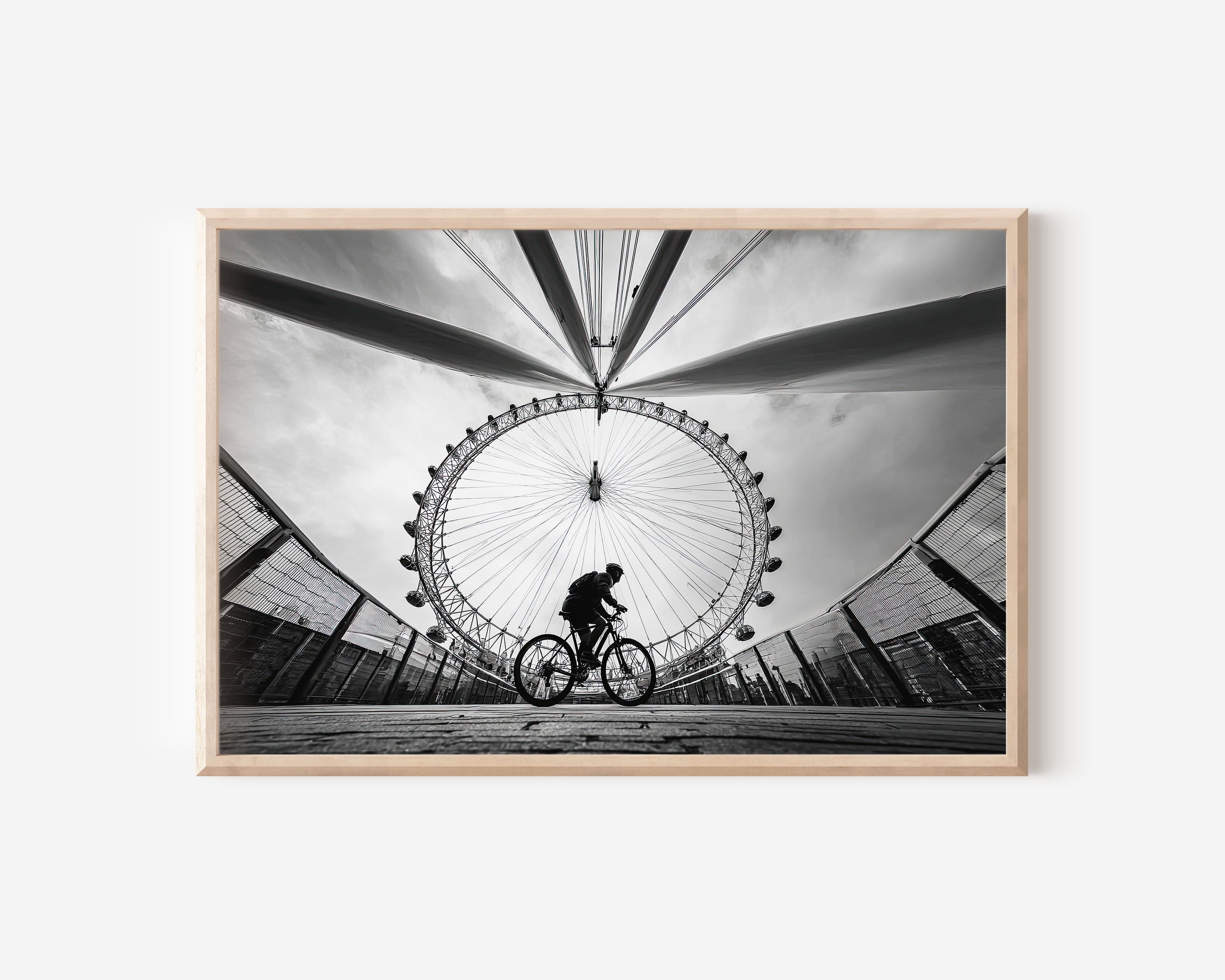 London Eye Cyclist Silhouette Print | Black and White London Wall Art | South Bank Street Photography