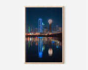 Dallas Skyline Night Wall Art | Reunion Tower Reflection Texas Print | City Lights Photography Poster