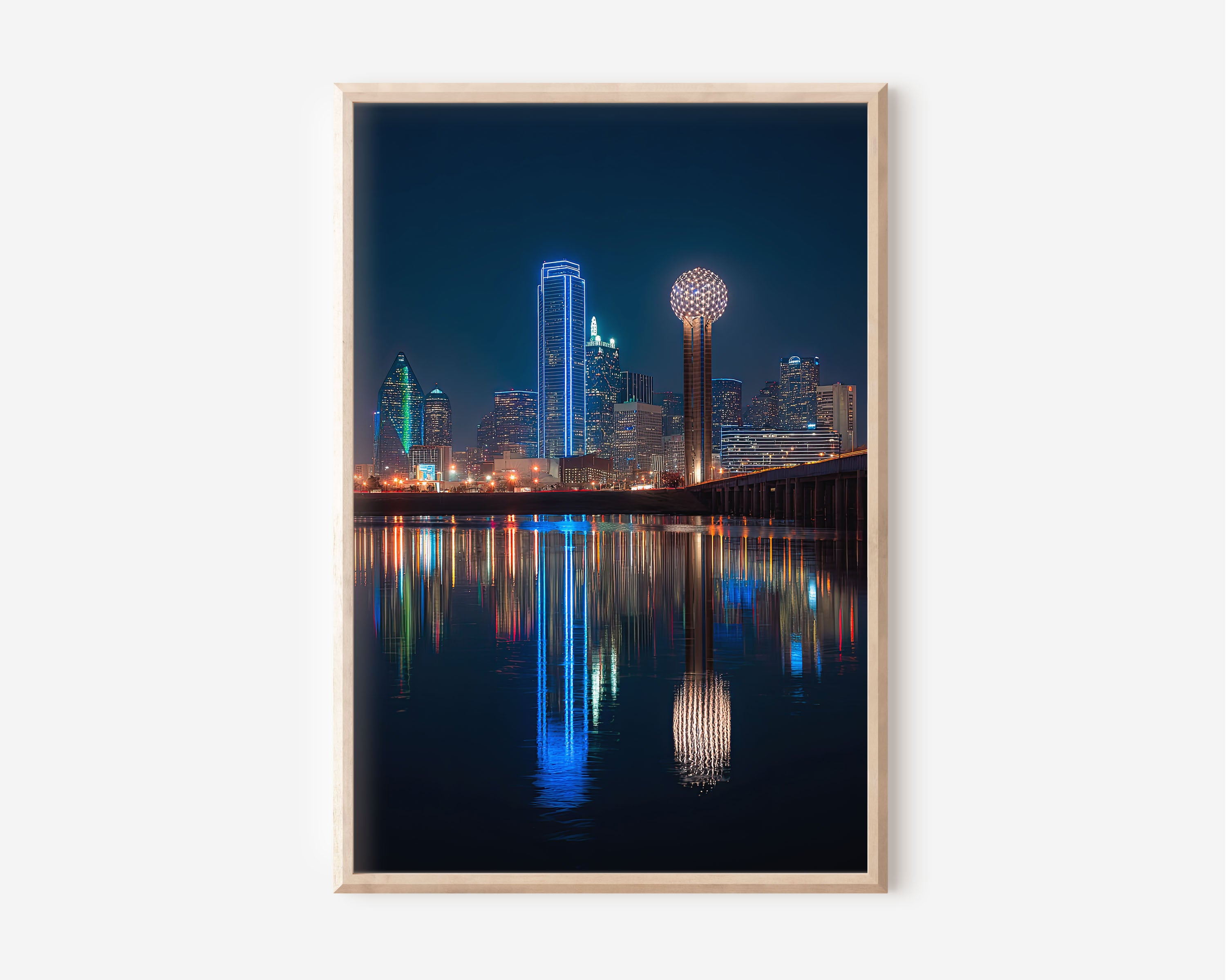 Dallas Skyline Night Wall Art | Reunion Tower Reflection Texas Print | City Lights Photography Poster