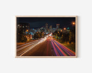 Denver Downtown Night Traffic Wall Art Print, Colorado Skyline