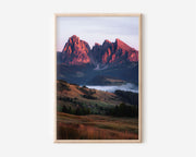 Alpe di Siusi Dolomites Alpenglow Wall Art Print | Italy Seiser Alm Photography | Sassolungo Sunrise Mountain Mist Poster