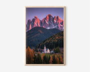Dolomites Alpenglow Church Wall Art Print | Val di Funes Italy Autumn Photography | Santa Maddalena Mountain Poster