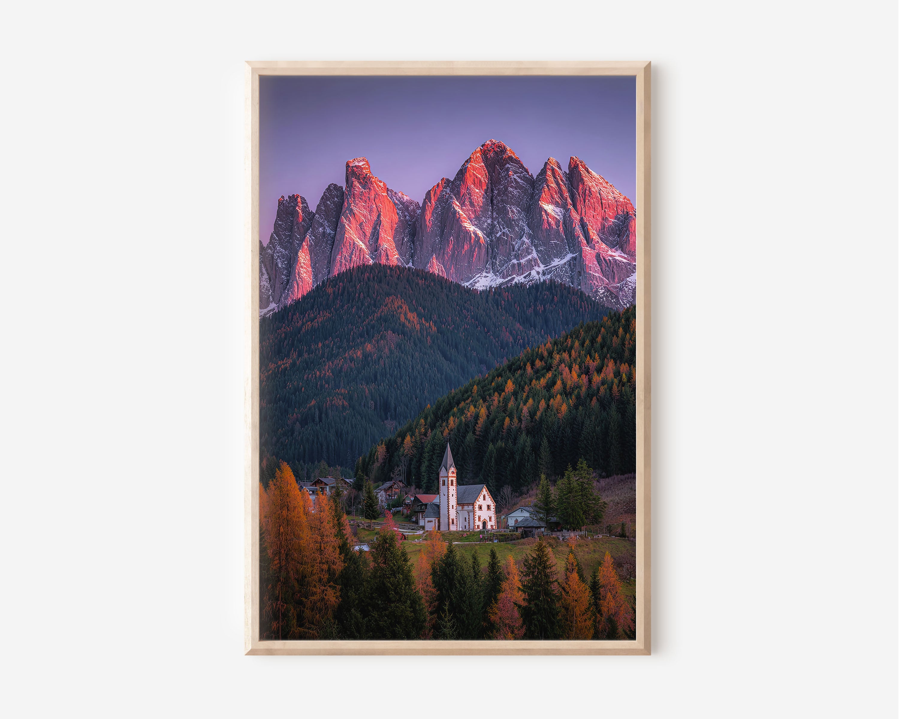 Dolomites Alpenglow Church Wall Art Print | Val di Funes Italy Autumn Photography | Santa Maddalena Mountain Poster