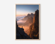 Dolomites Hiker Above Clouds Sunset Wall Art Print | Italy Mountain Silhouette Photography | Sea of Clouds Golden Hour Poster