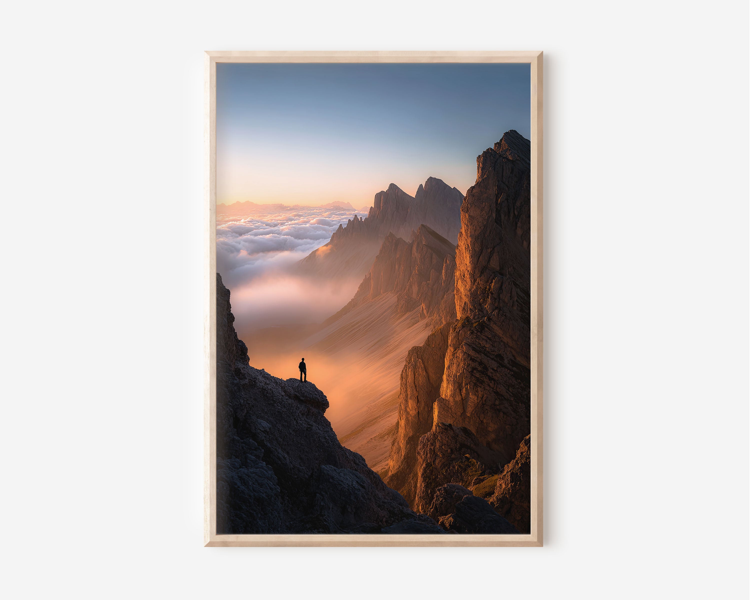 Dolomites Hiker Above Clouds Sunset Wall Art Print | Italy Mountain Silhouette Photography | Sea of Clouds Golden Hour Poster