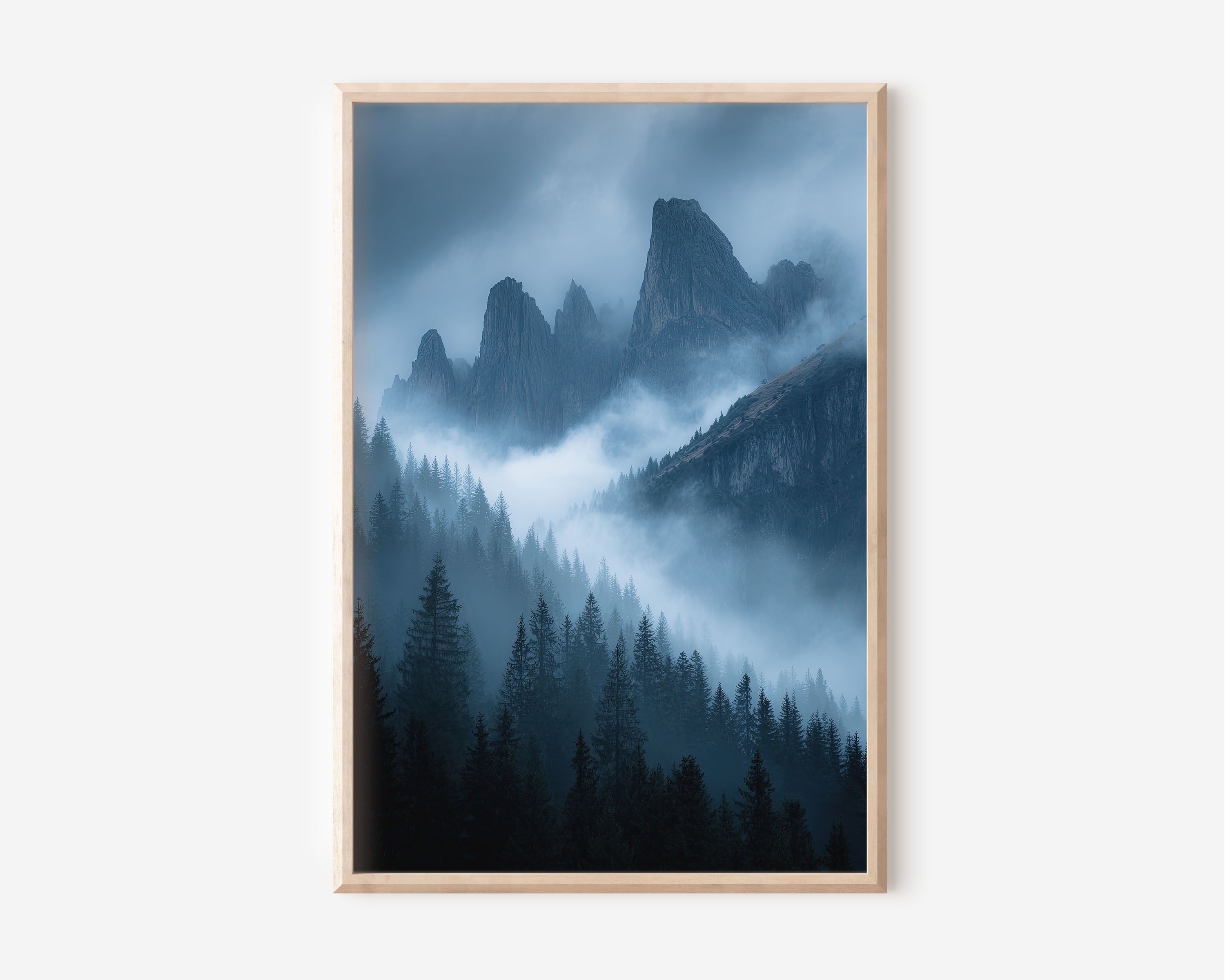 Dolomites Moody Blue Fog Forest Wall Art Print | Italy Misty Mountain Photography | Dark Pine Tree Storm Cloud Poster
