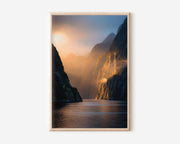 Doubtful Sound Sunrise Wall Art | Fiordland New Zealand Golden Mist Fjord Landscape Print | NZ Travel Photography