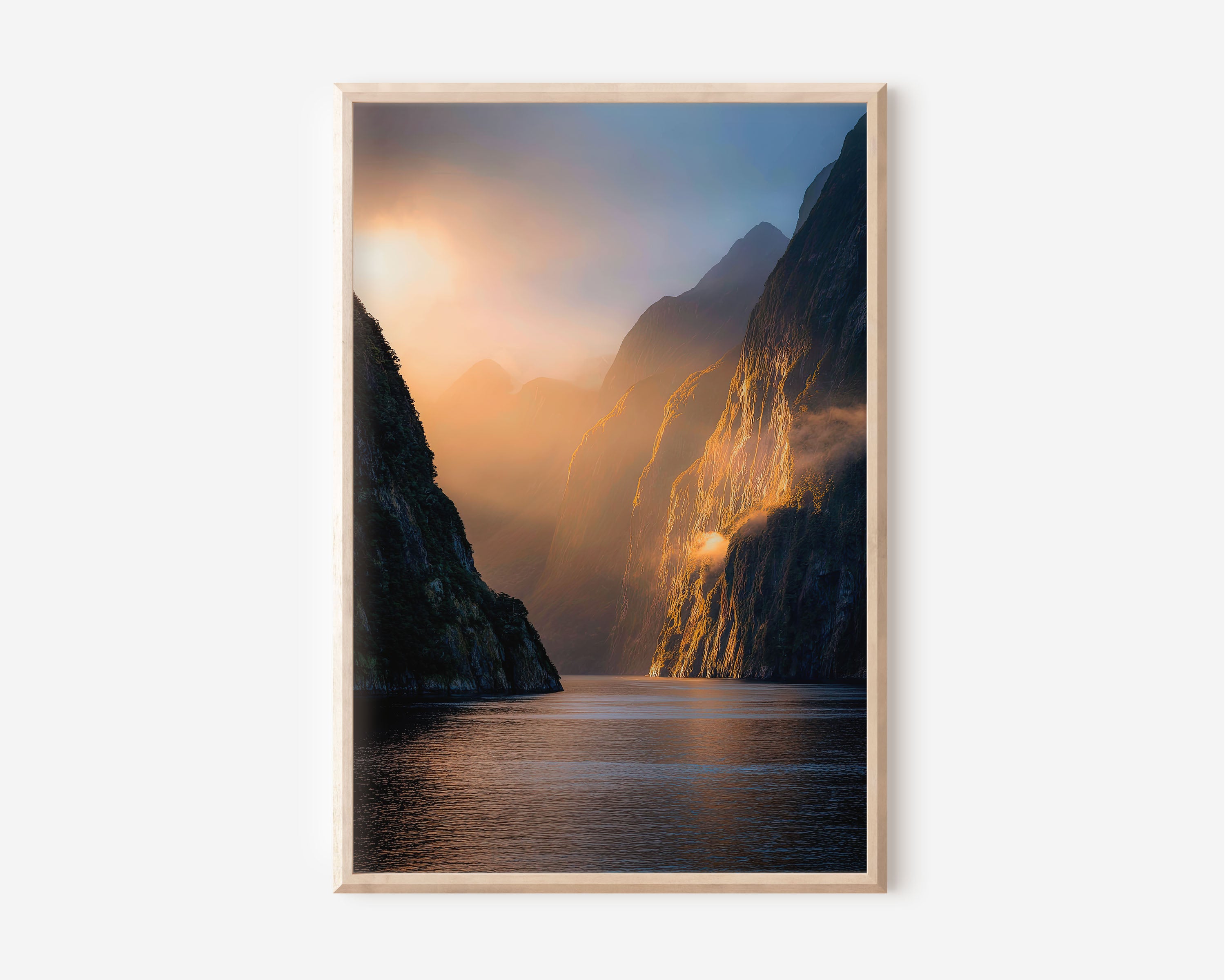 Doubtful Sound Sunrise Wall Art | Fiordland New Zealand Golden Mist Fjord Landscape Print | NZ Travel Photography