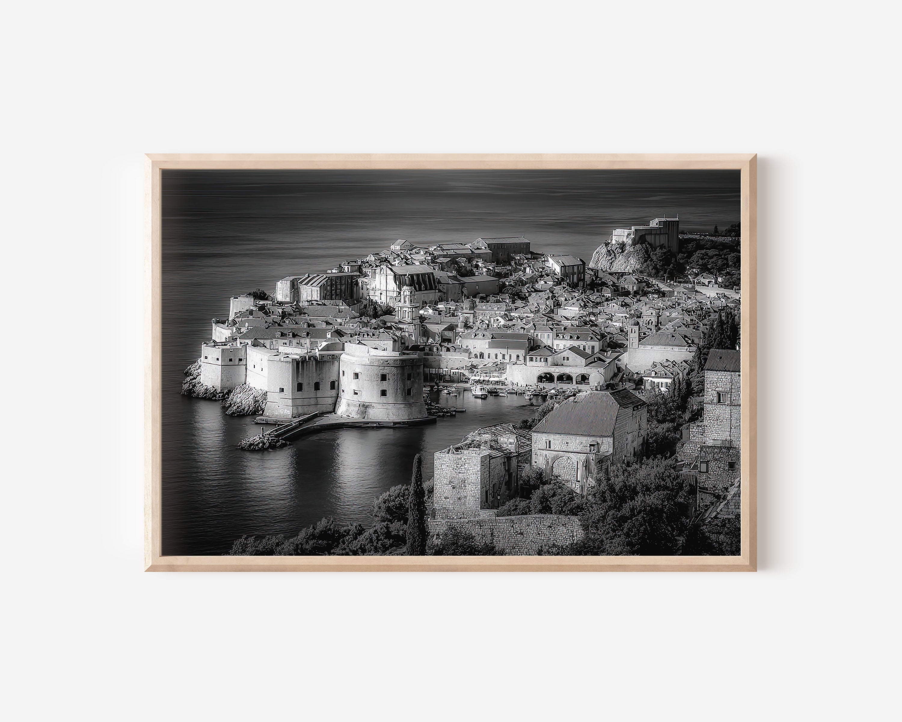 Dubrovnik Old Town Wall Art Print – Black and White Coastal Photography