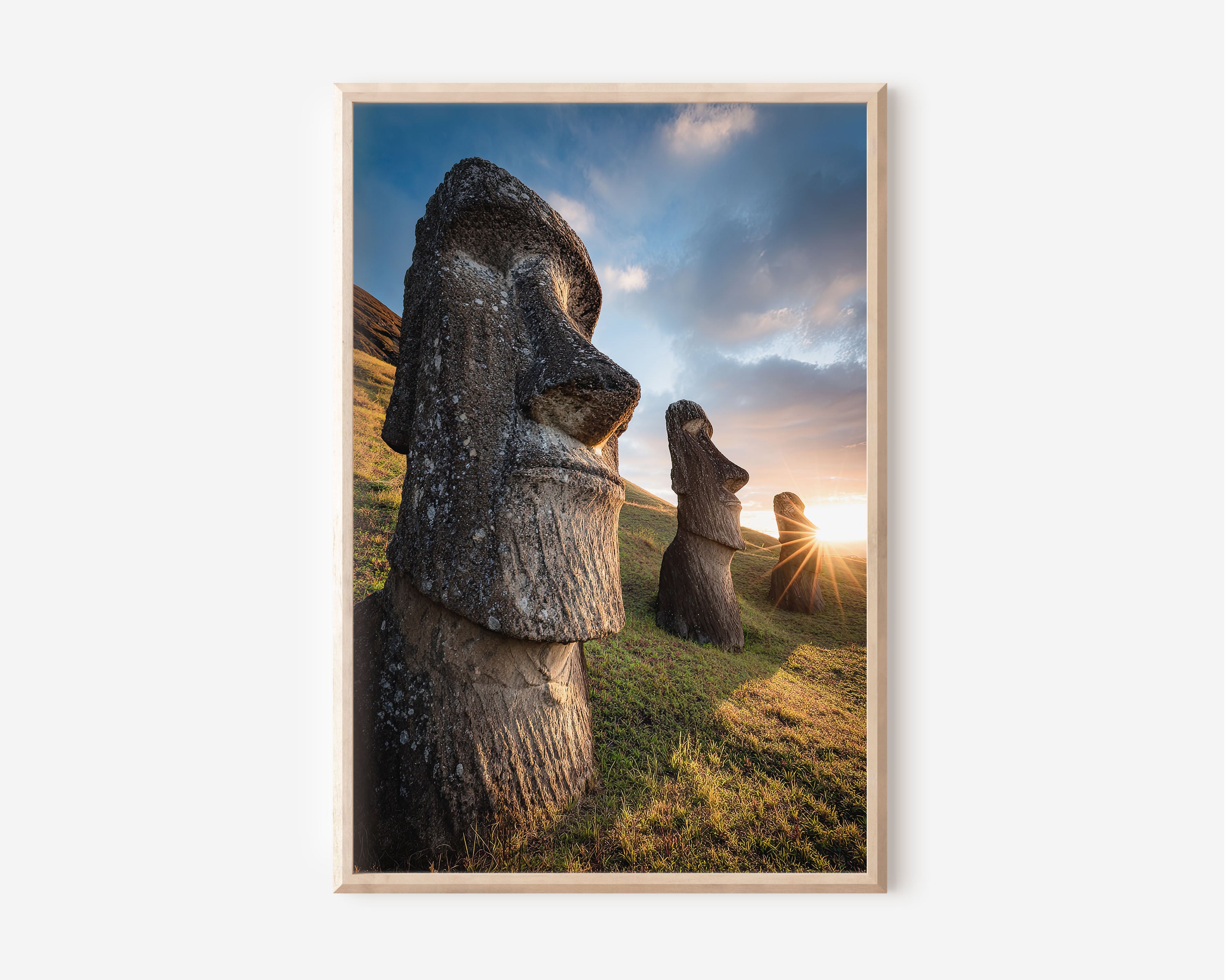 Easter Island Moai Sunburst Sunrise Wall Art | Rapa Nui Stone Statues Golden Light Print | Ancient Archaeological Travel Photography