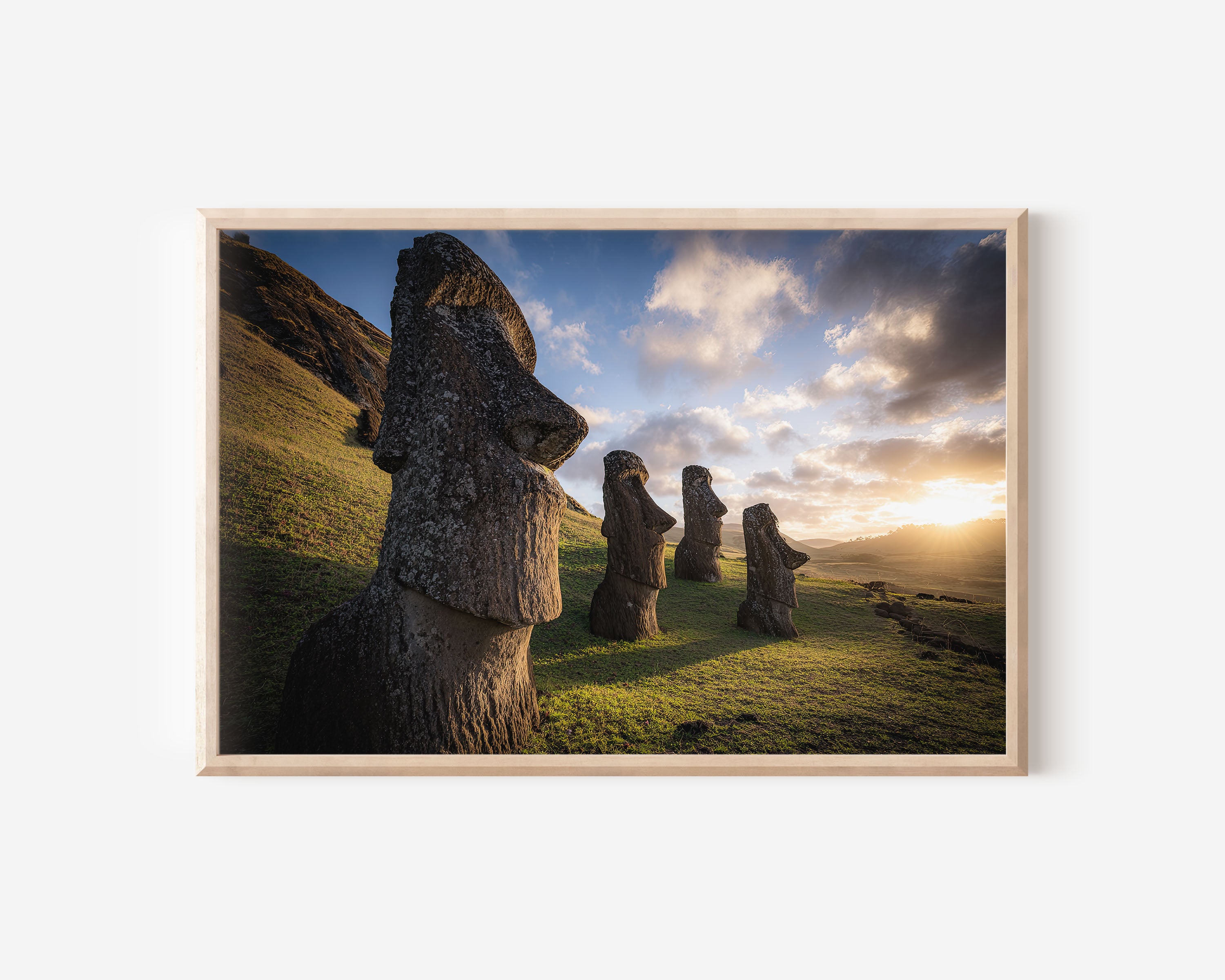 Easter Island Moai Statues Wall Art – Rapa Nui Sunrise Landscape Print, Ancient Stone Sculpture Decor