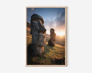 Easter Island Rapa Nui Two Moai Sunrise Wall Art | Ancient Stone Statues Golden Hillside Print | Archaeological Travel Photography