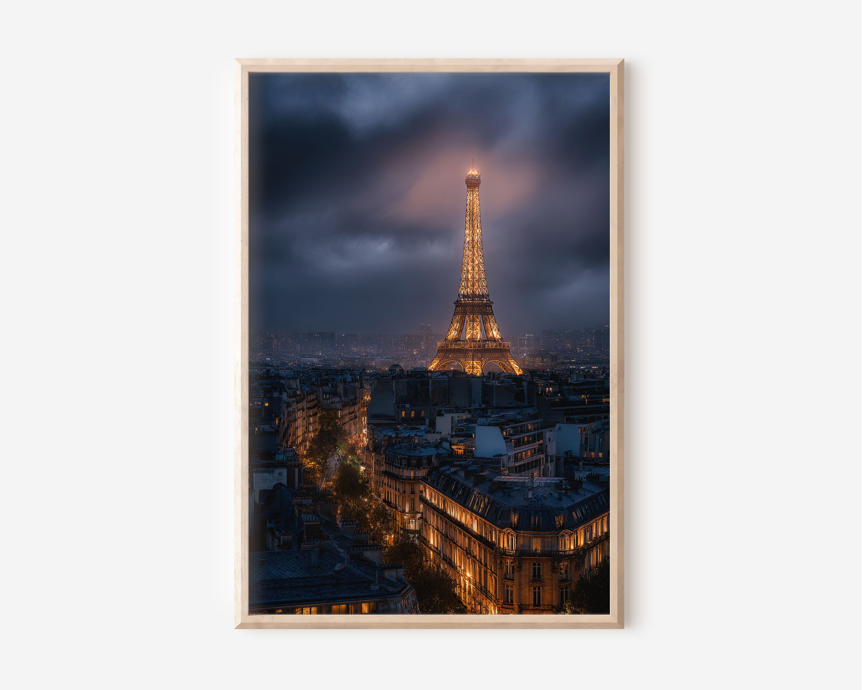 Eiffel Tower Night Paris Print | Stormy Sky City Wall Art | Paris France Photography