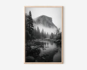 Yosemite El Capitan Mist Wall Art Print | Black & White Merced River Photography | Moody Forest Landscape Poster | California Nature Print | Minimalist Home Decor