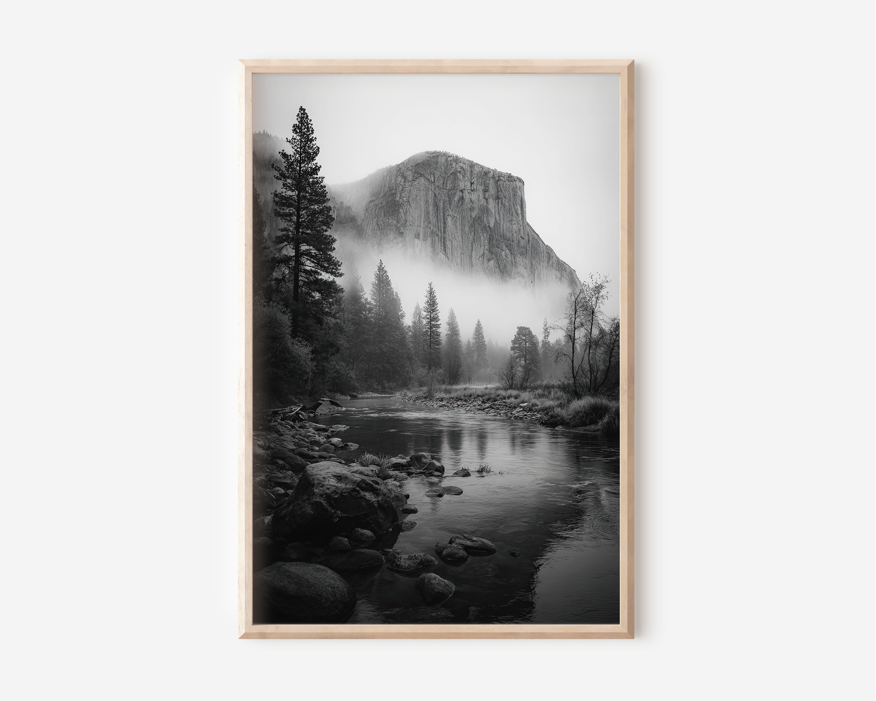 Yosemite El Capitan Mist Wall Art Print | Black & White Merced River Photography | Moody Forest Landscape Poster | California Nature Print | Minimalist Home Decor