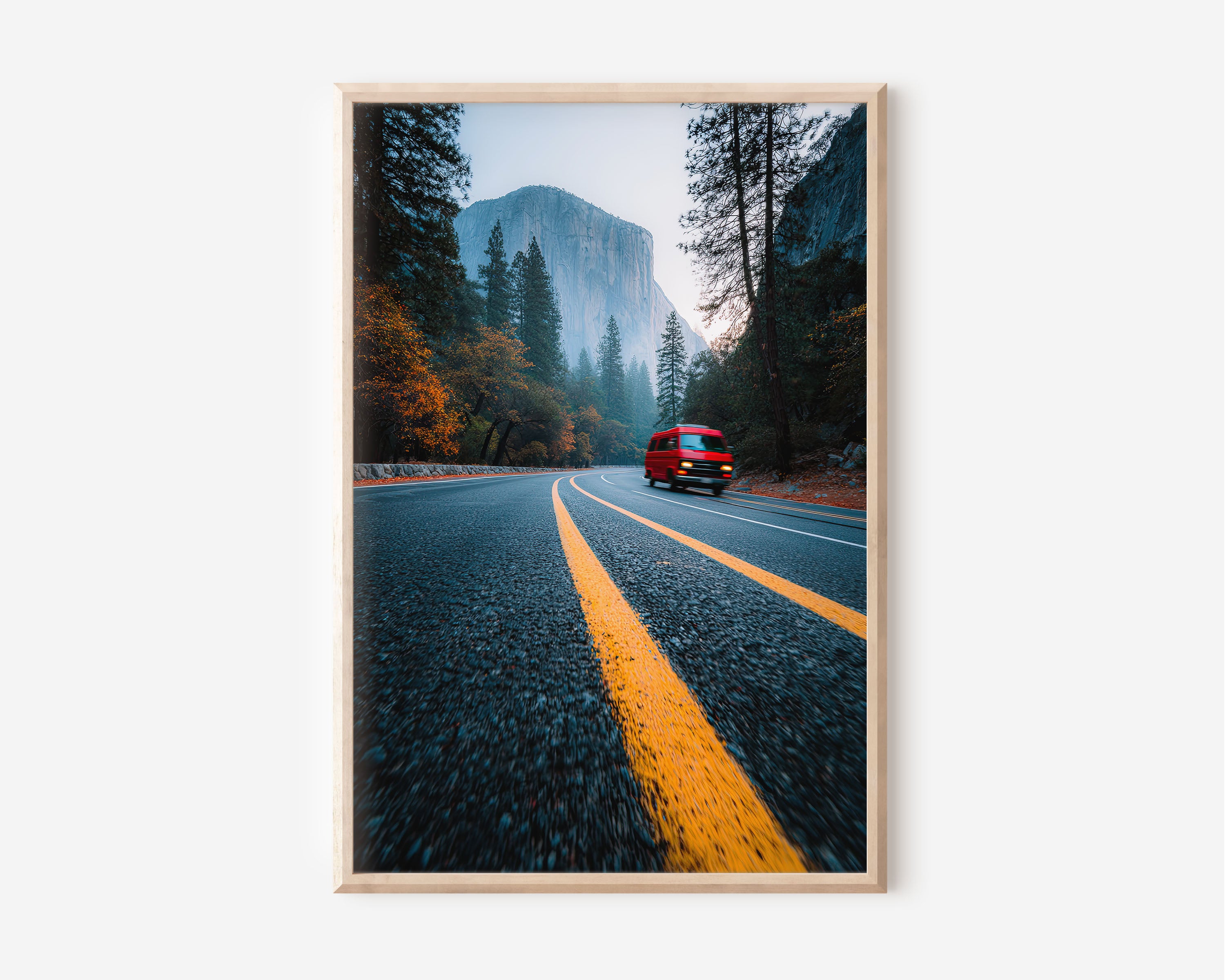 Yosemite El Capitan Van Life Road Print | Yosemite Valley Autumn Road Wall Art | Yosemite Red Van Misty Morning Valley Road Photography Poster