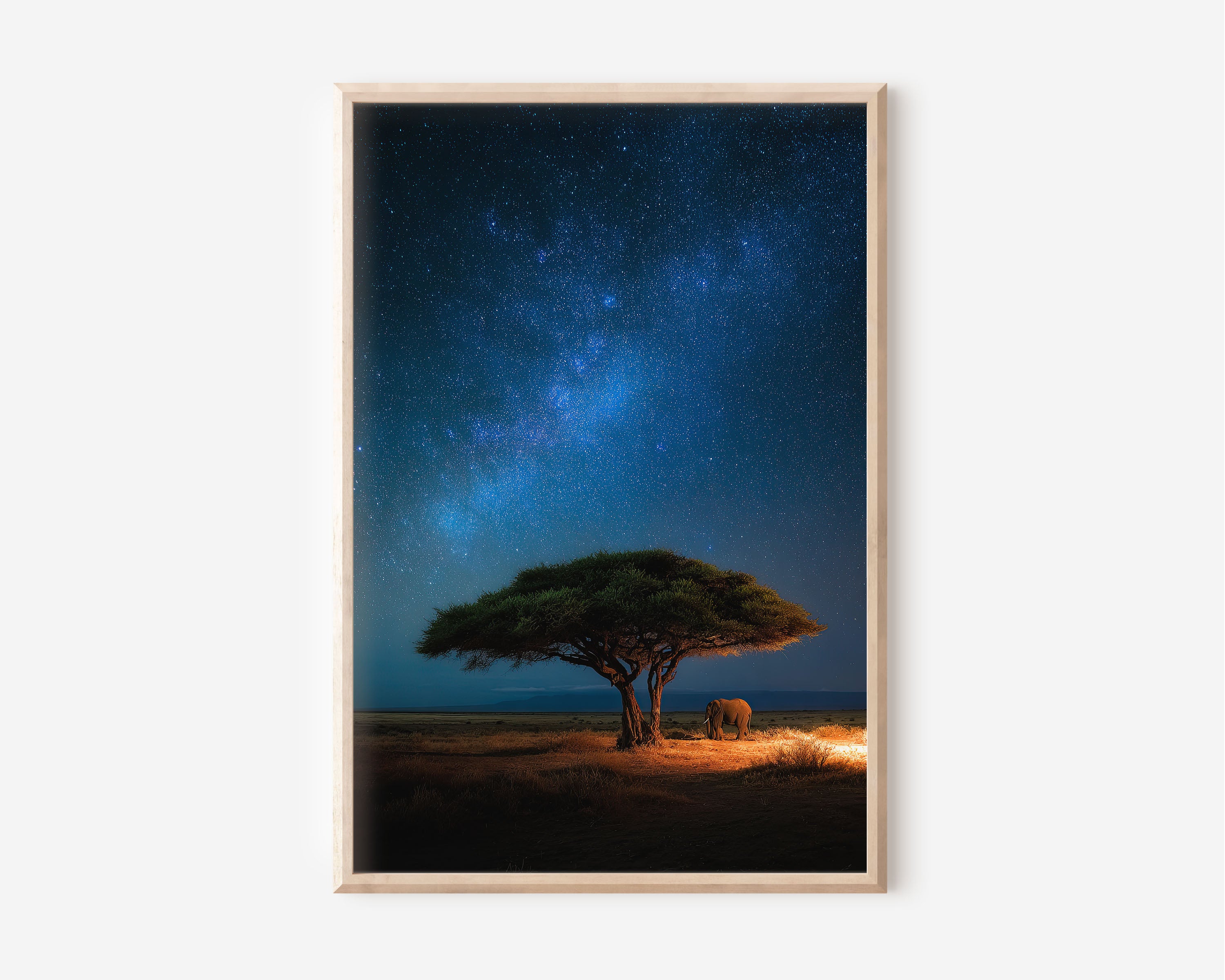 Elephant Milky Way Africa Wall Art Print | African Safari Night Sky Photography | Acacia Tree Savanna Galaxy Poster