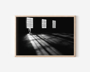 Industrial Space Window Light Print | Black and White Shadow Wall Art | Lone Figure Photography