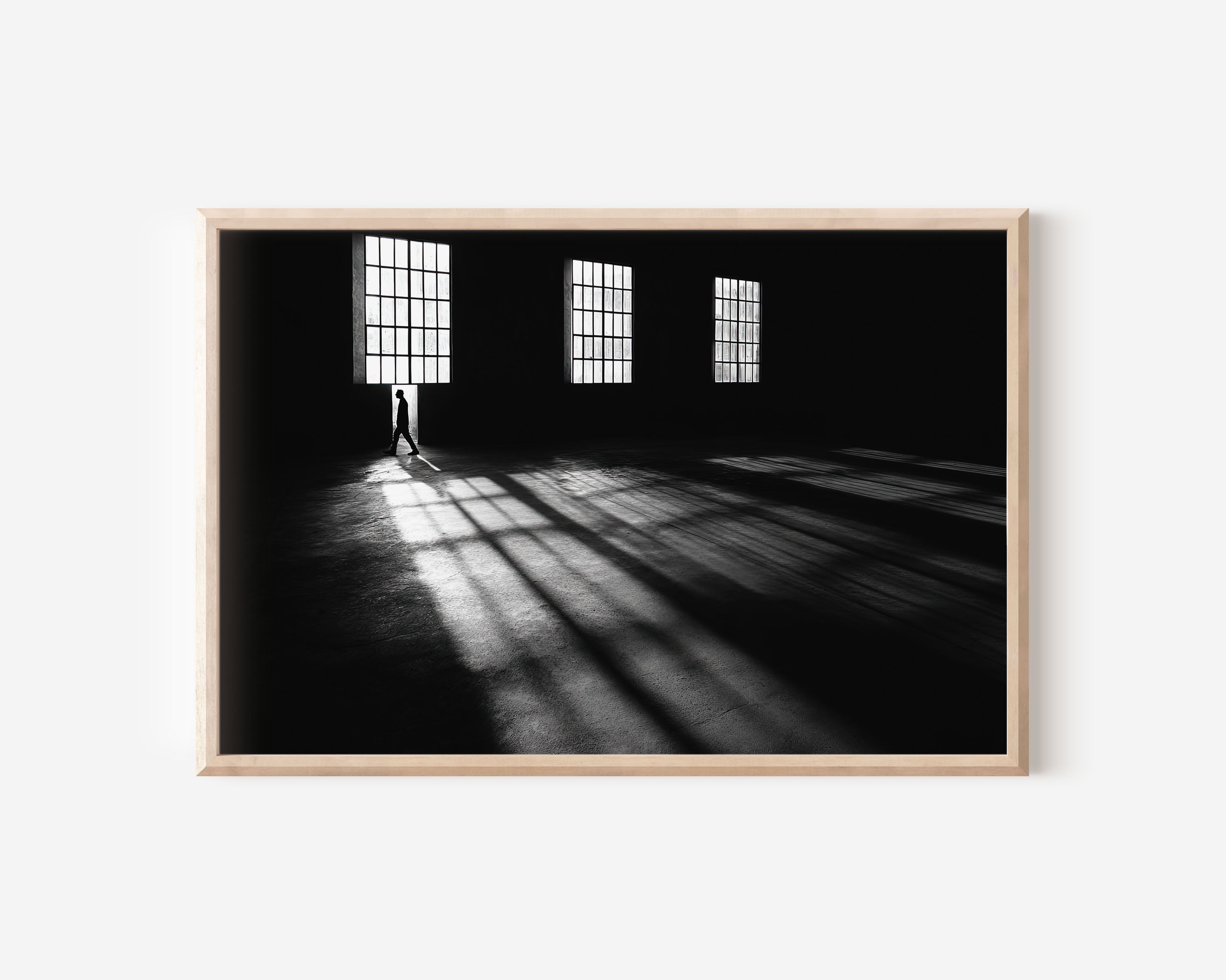 Industrial Space Window Light Print | Black and White Shadow Wall Art | Lone Figure Photography