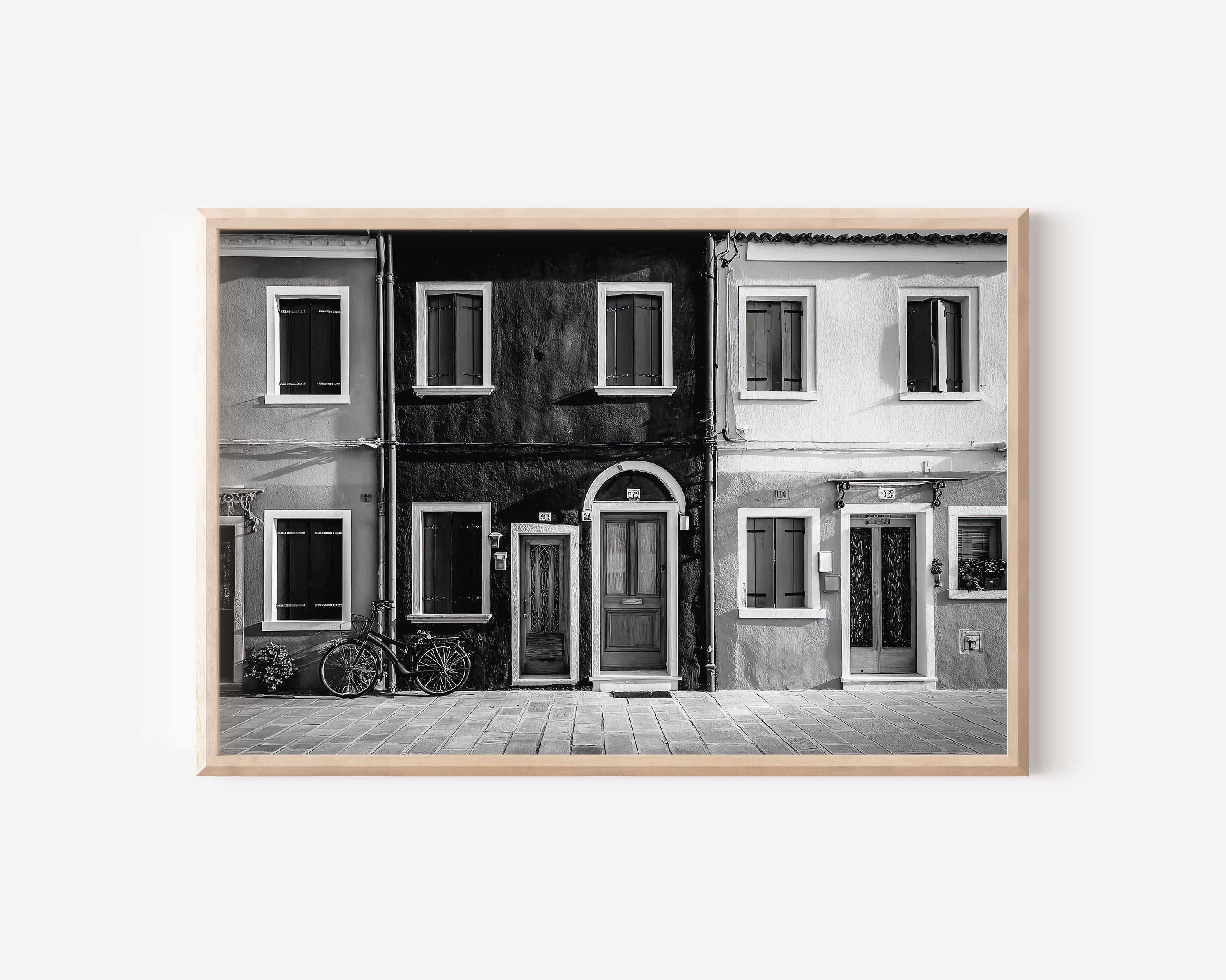 European Street Houses Wall Art – Black and White Minimalist Architecture Print