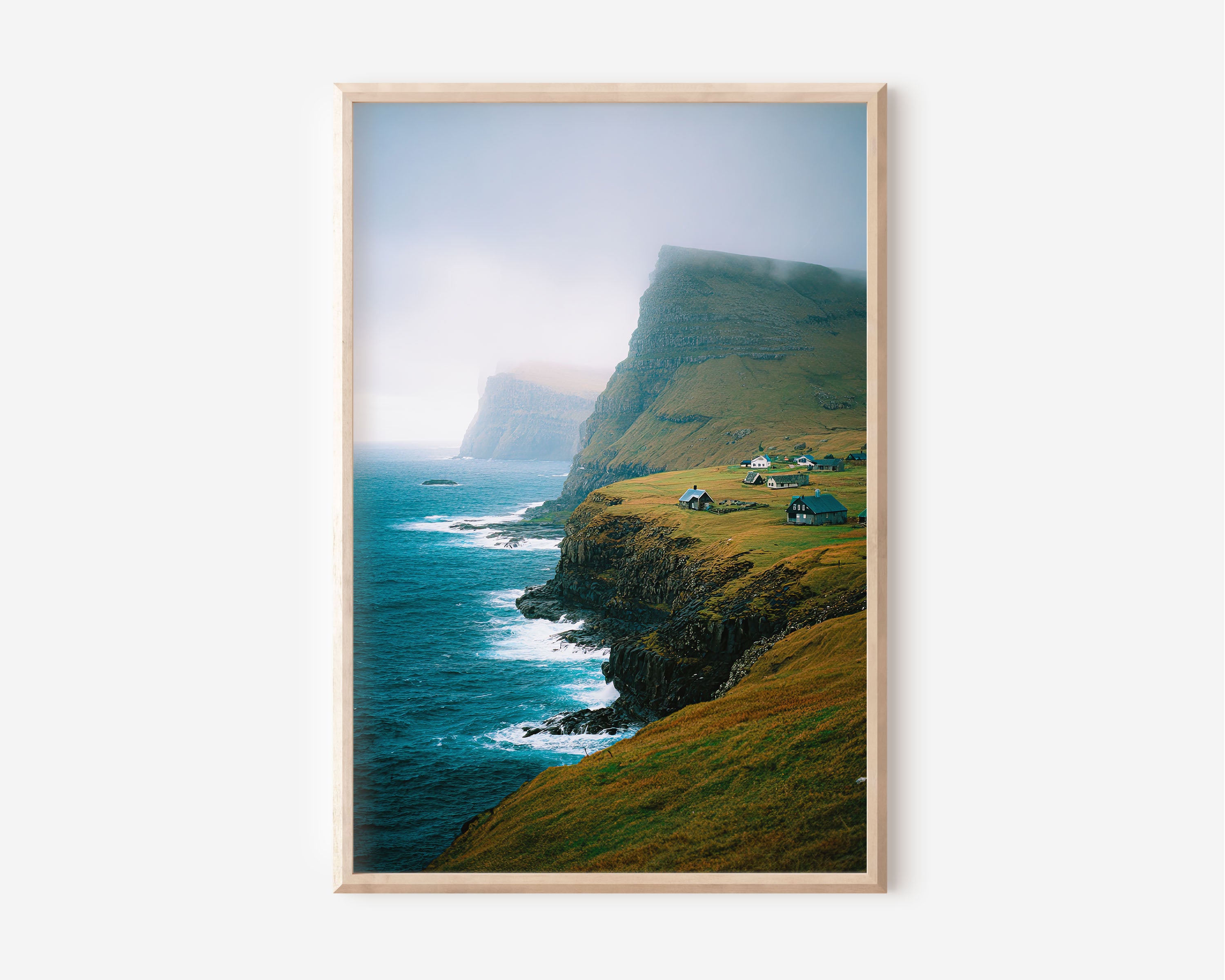 Faroe Islands Coastal Village Wall Art Print | Nordic Cliffside Photography | North Atlantic Landscape Poster | Scandinavian Nature Print | Moody European Home Decor