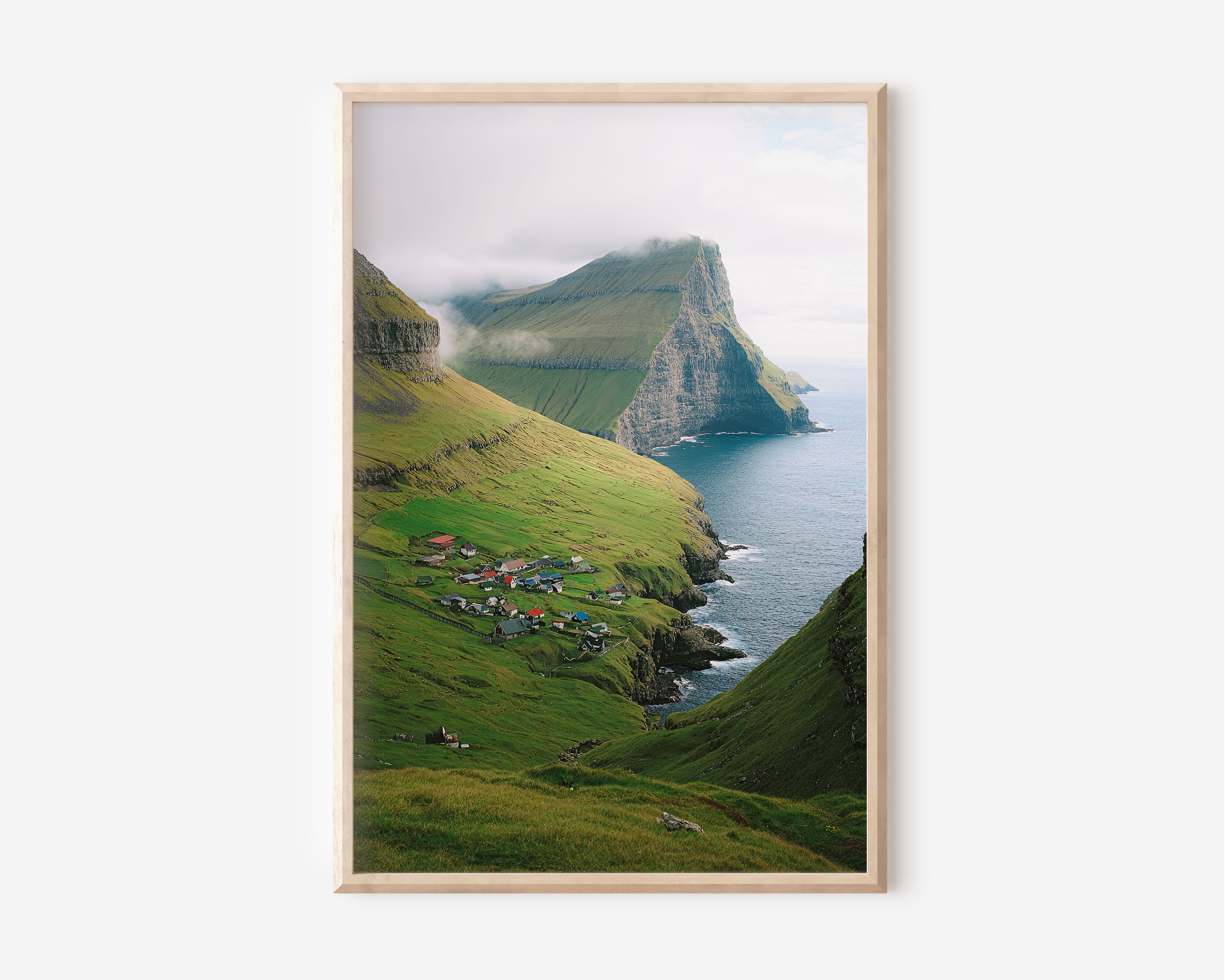 Faroe Islands Kallur Village Wall Art Print | Nordic Coastal Settlement Photography | North Atlantic Green Cliffs Landscape Poster | Scandinavian Nature Print | Hygge Home Decor