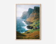 Faroe Islands Village Cliffs Wall Art Print | Gásadalur Coastal Settlement Photography | North Atlantic Basalt Landscape Poster | Nordic Nature Print | Dramatic Home Decor