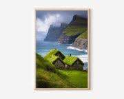Faroe Islands Grass Roof Cottages Print | Nordic Coastal Wall Art | Dramatic Cliffside Landscape Photography Poster