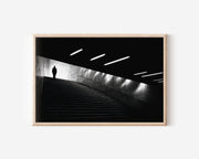 Monumental Staircase Figure Print | Black and White Urban Wall Art | Night Subway Architecture Photography