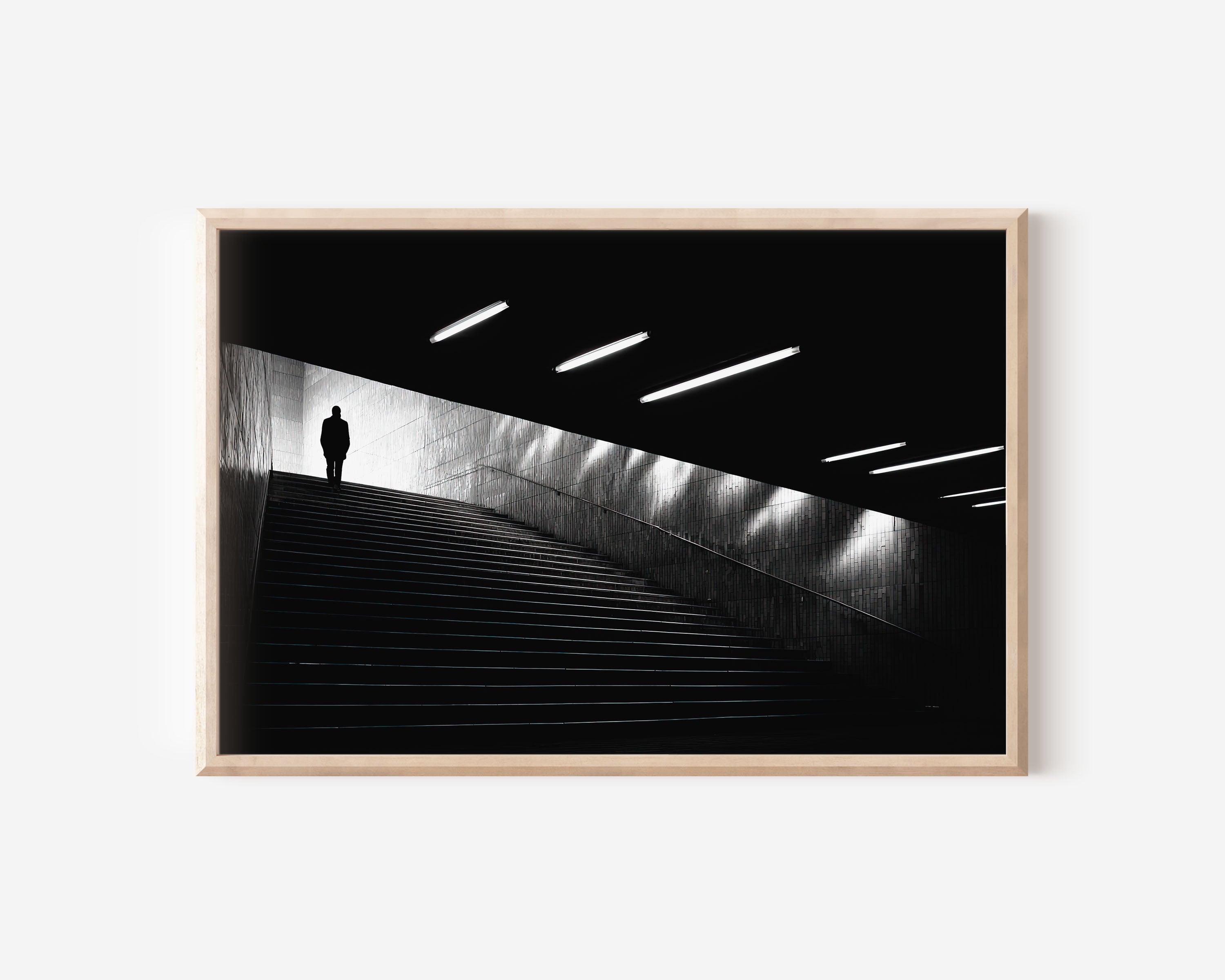 Monumental Staircase Figure Print | Black and White Urban Wall Art | Night Subway Architecture Photography