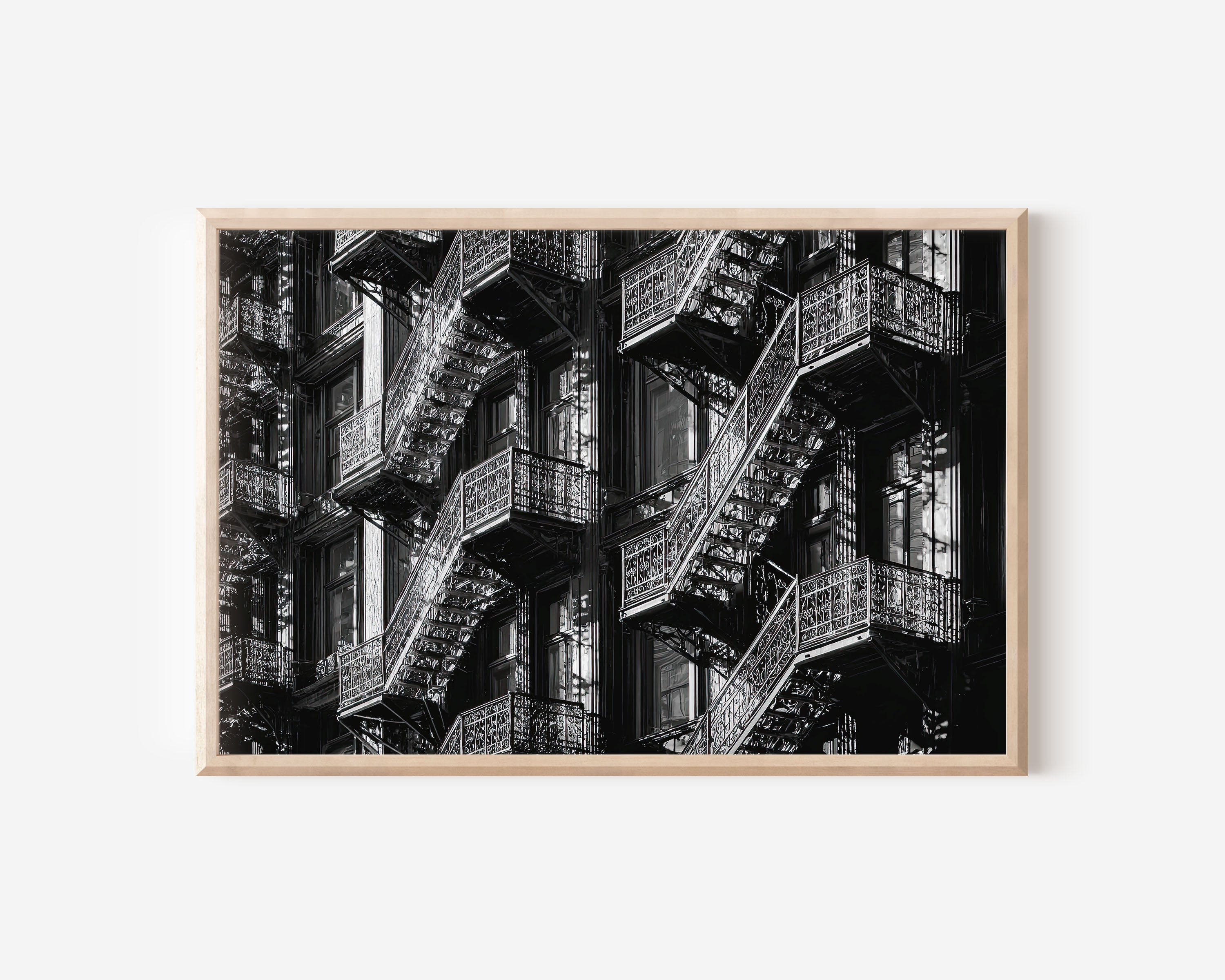 Fire Escape Building Wall Art – Black and White Urban Architecture Print