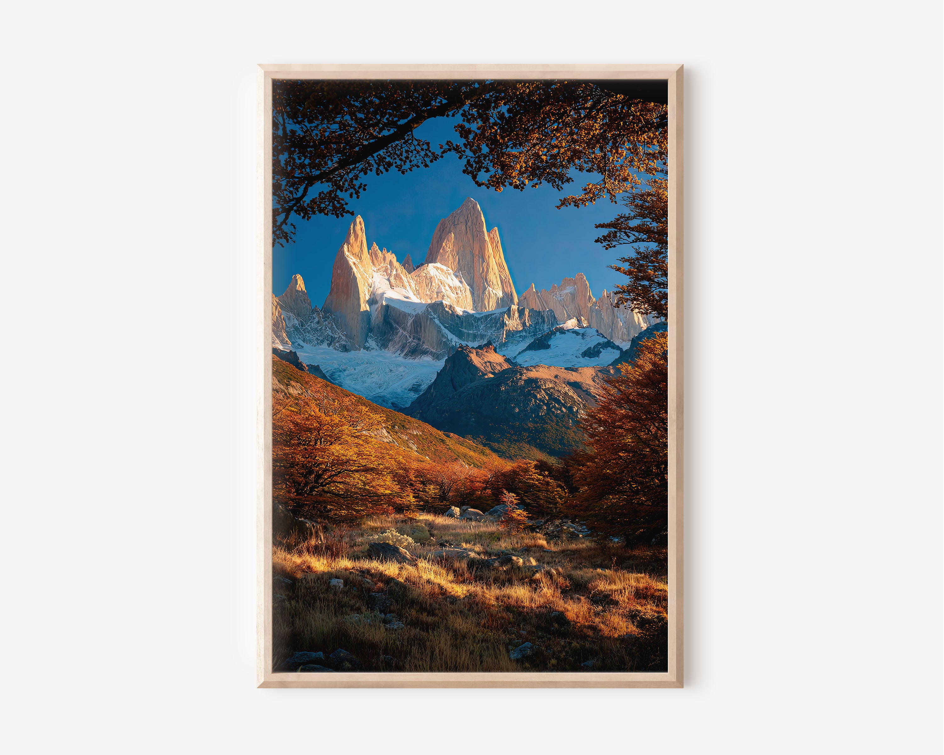 Mount Fitz Roy Print | Patagonia Peak Framed by Autumn Beech Trees | El Chaltén Argentina Wall Art | Hiking Photography Poster