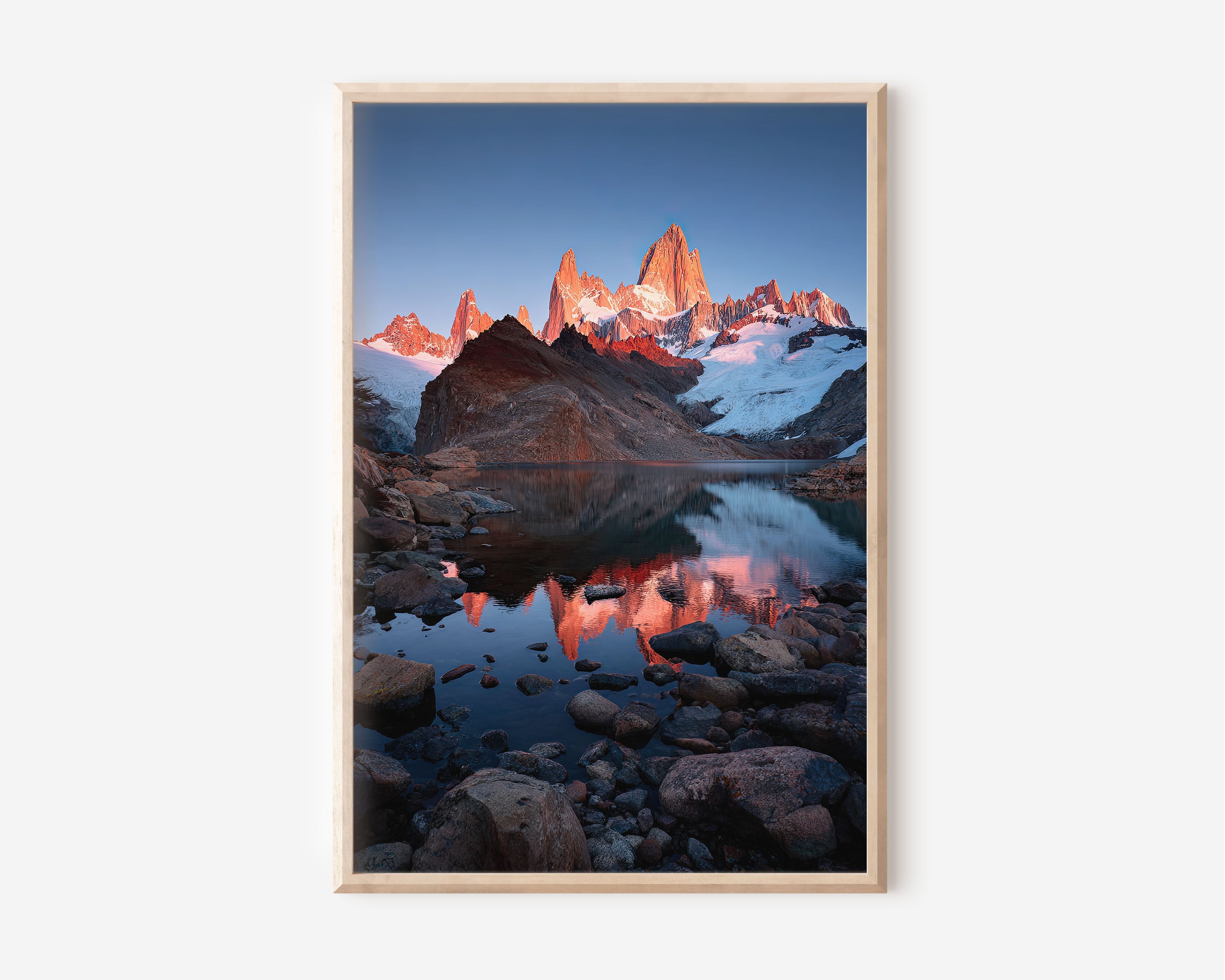 Fitz Roy Sunrise Red Glow Laguna de los Tres Reflection Wall Art Print | Patagonia Argentina Photography | Mountain Home Decor