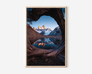 Fitz Roy Sunrise Reflection Print | Patagonia Lake Wall Art | Mount Fitz Roy Driftwood Frame Landscape Poster