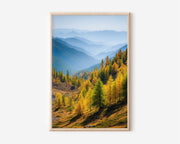 Autumn Forest Print | Yellow Larch Trees and Misty Blue Mountains | Alpine Valley Wall Art | Fall Landscape Photography Poster