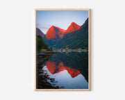 Geirangerfjord Fiery Red Mountain Reflection Wall Art | Norway Fjord Sunset Landscape Print | Dramatic Scandinavia Travel Photography