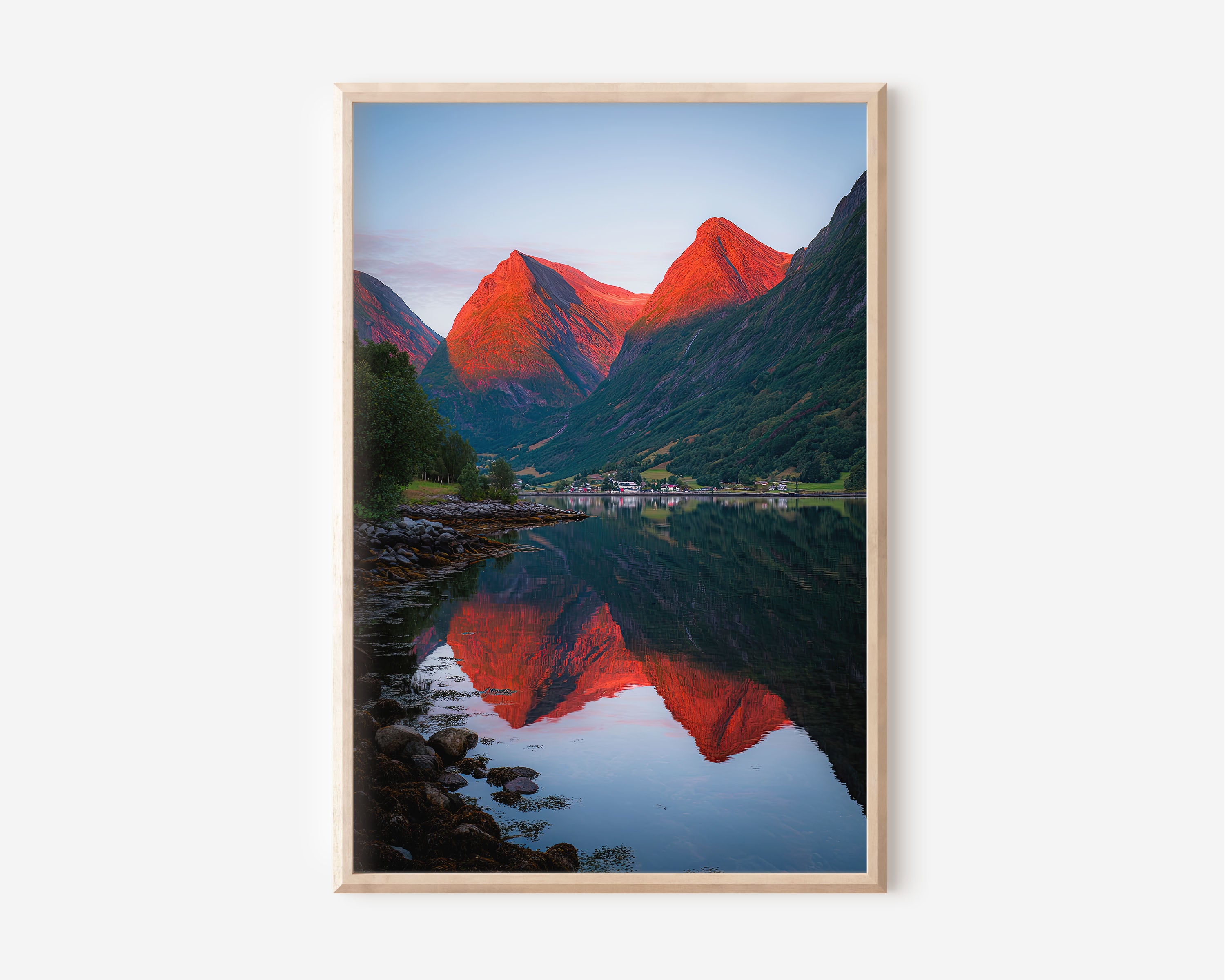 Geirangerfjord Fiery Red Mountain Reflection Wall Art | Norway Fjord Sunset Landscape Print | Dramatic Scandinavia Travel Photography