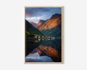 Geirangerfjord Golden Hour Village Reflection Wall Art | Norway Fjord Mountain Landscape Print | Scandinavia Travel Photography