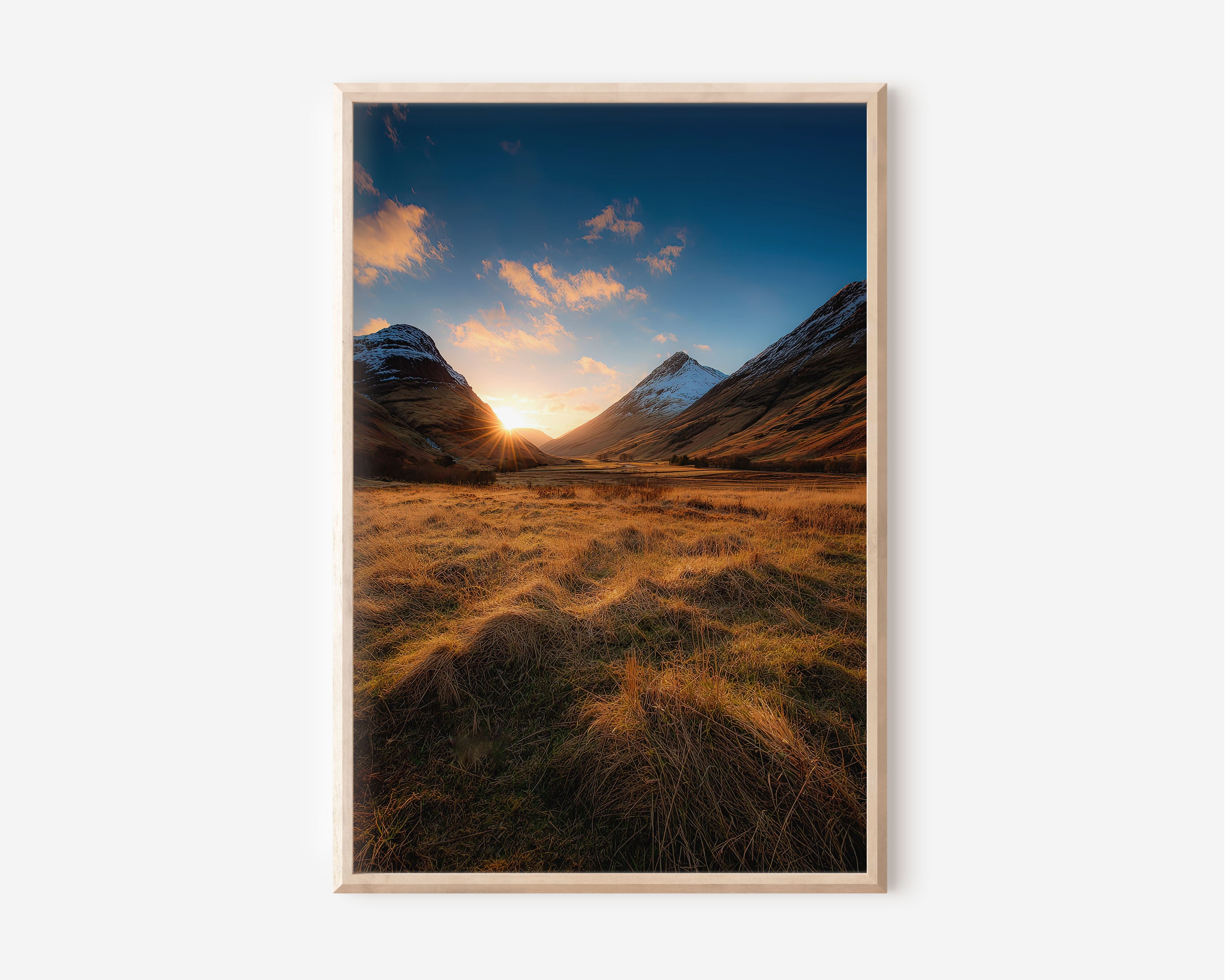 Glencoe Valley Sunburst Sunset Wall Art | Scottish Highlands Snow-Capped Mountain Landscape Print | Scotland Travel Photography