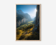 Lauterbrunnen Valley Swiss Alps Autumn Wall Art | Grindelwald Golden Light Cliff Landscape Print | Switzerland Travel Photography