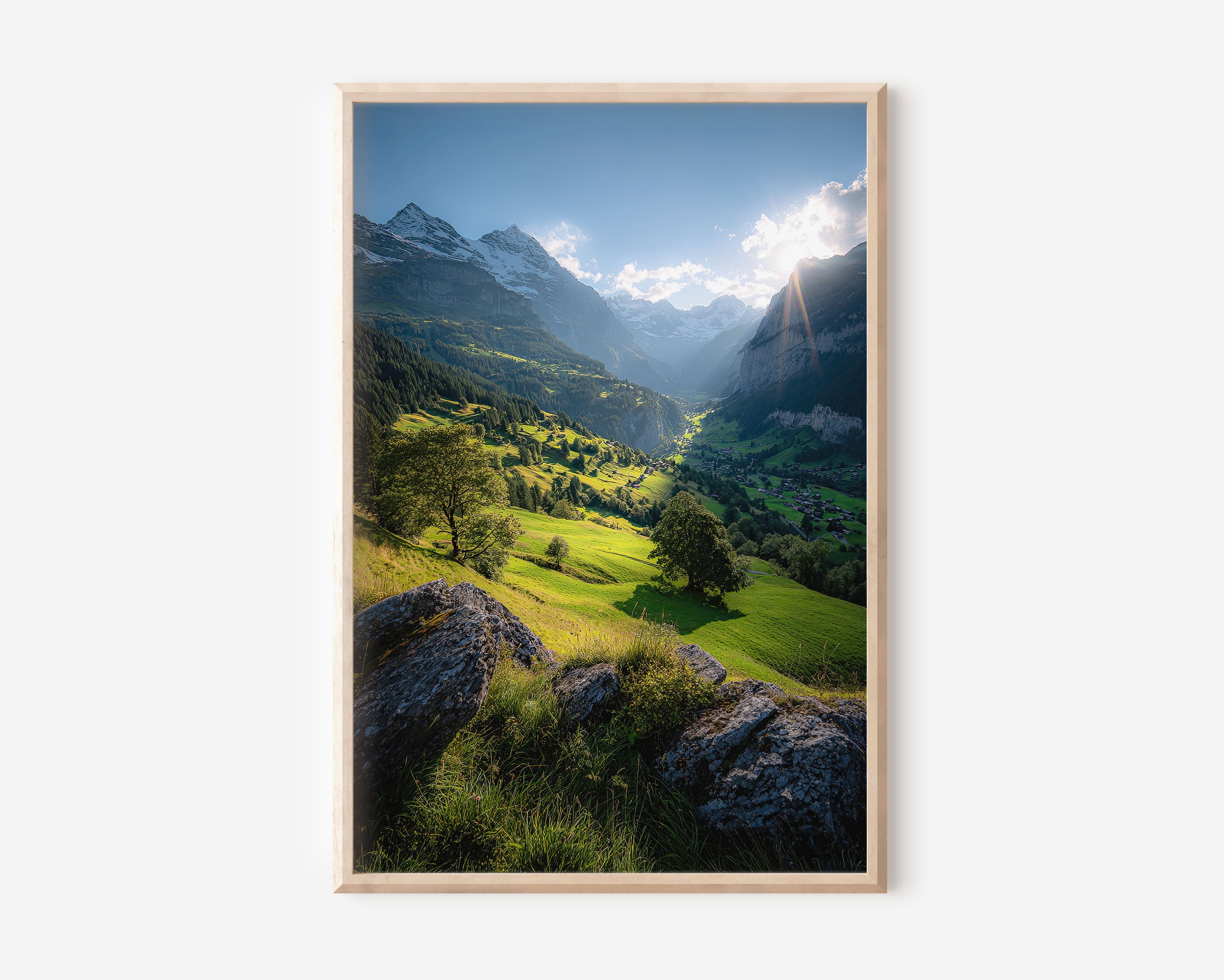 Lauterbrunnen Valley Summer Wall Art | Grindelwald Swiss Alps Green Meadow Sunburst Print | Switzerland Landscape Photography