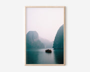 Ha Long Bay Misty Morning Wall Art Print | Vietnam Lone Boat Karst Photography | Foggy Limestone Islands Landscape Poster | Southeast Asia Travel Print | Minimalist Home Decor