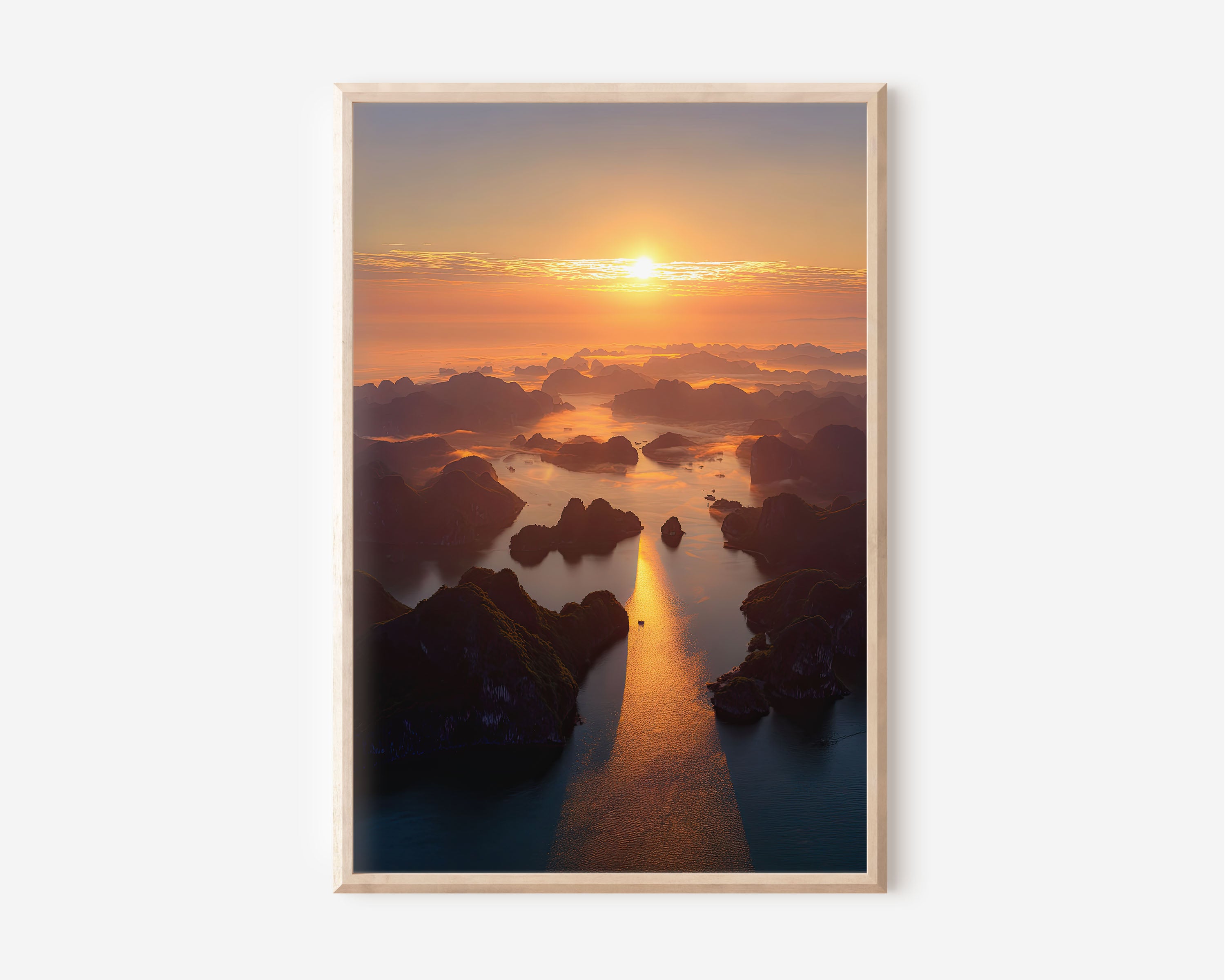 Ha Long Bay Aerial Sunrise Wall Art | Vietnam Karst Islands Golden Mist Seascape Print | Southeast Asia Travel Photography