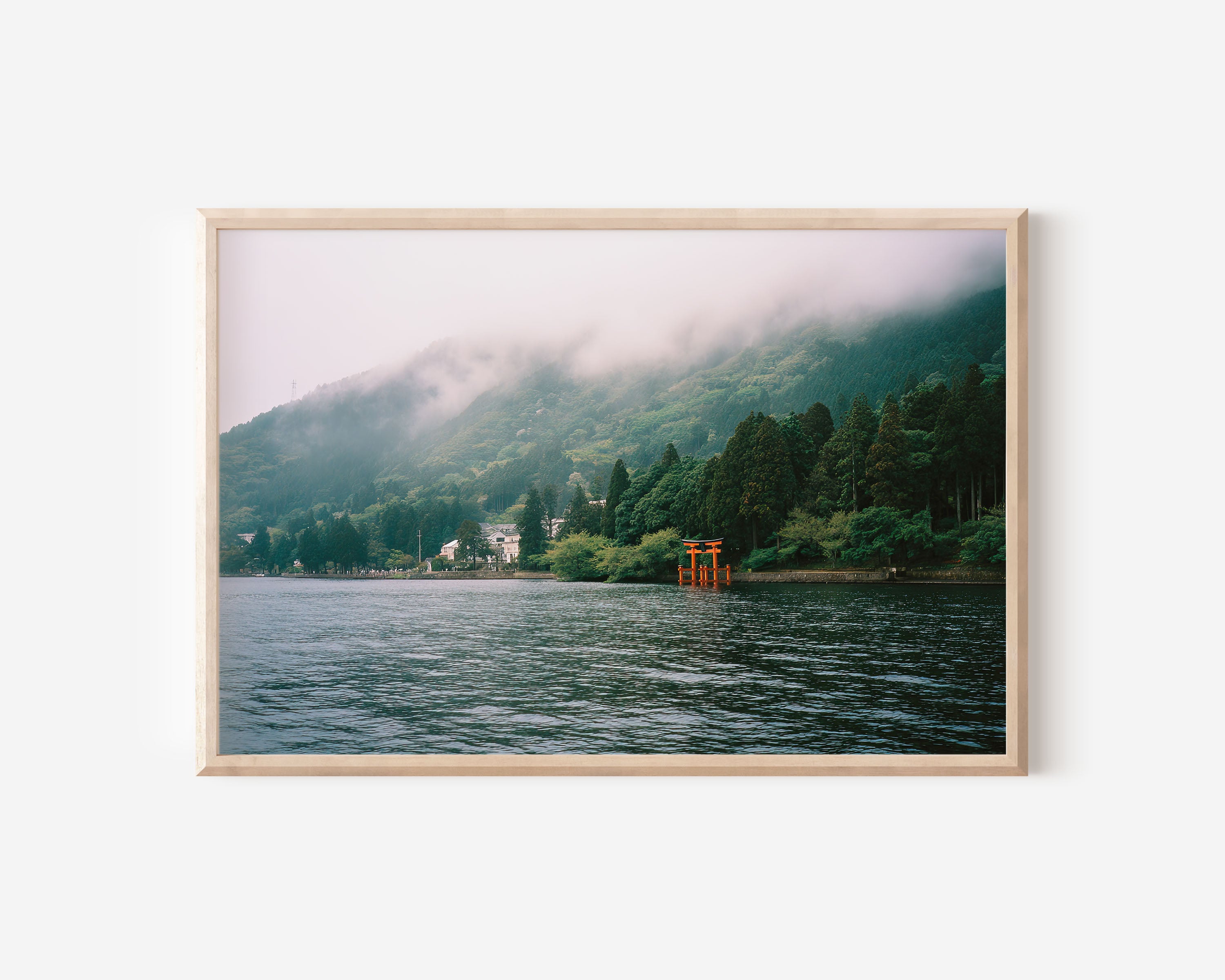 Hakone Lake Torii Gate Japan Wall Art Print, Misty Japanese Shrine Landscape
