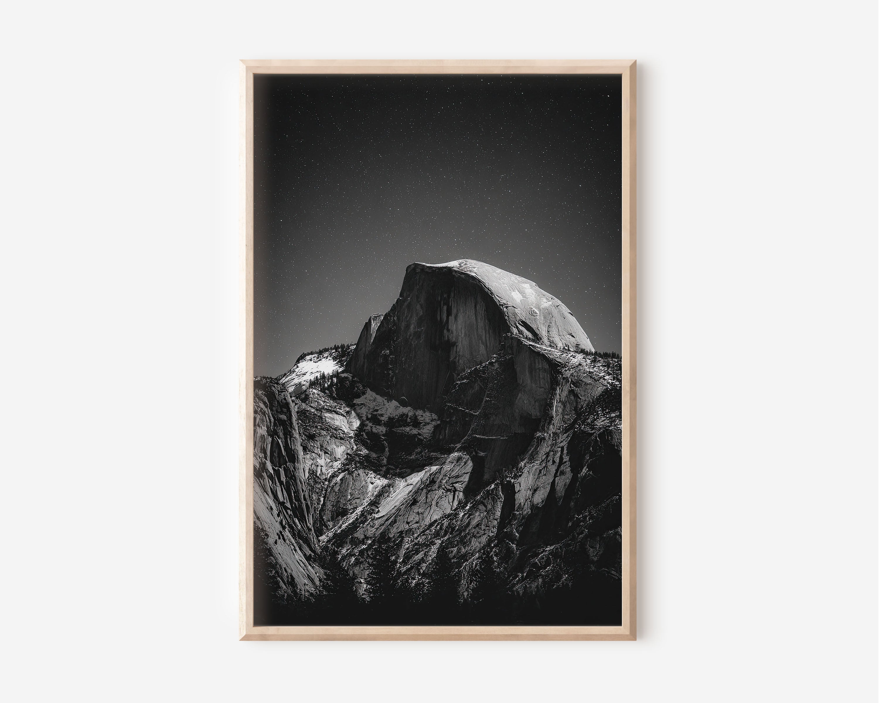 Yosemite Half Dome Night Wall Art Print | Black & White Starry Sky Photography | Yosemite National Park Poster | Moonlit Mountain Print | Dark Moody Home Decor