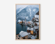Hallstatt Winter Print | Austrian Alpine Village Wall Art | Snow Lake Travel Photography